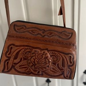 1960s Aztec /Mayan Dark Brown Hand Tooled Leather Bag